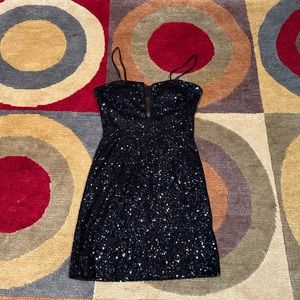 Hailey Logan by Adrianna Papell Black Sequin Mesh Front Open Back Mini Dress S